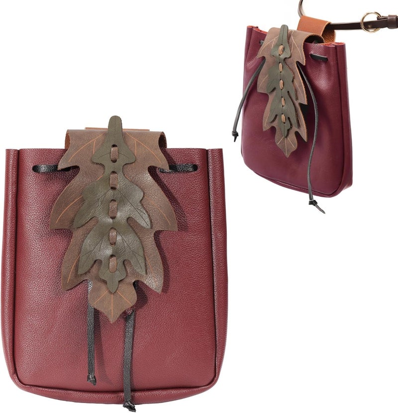 Procos Renaissance Belt Pouch Coins Purse Drawstring PU Leather Leaf Medieval Waist Bag for LARP Ren Faire - Image 1